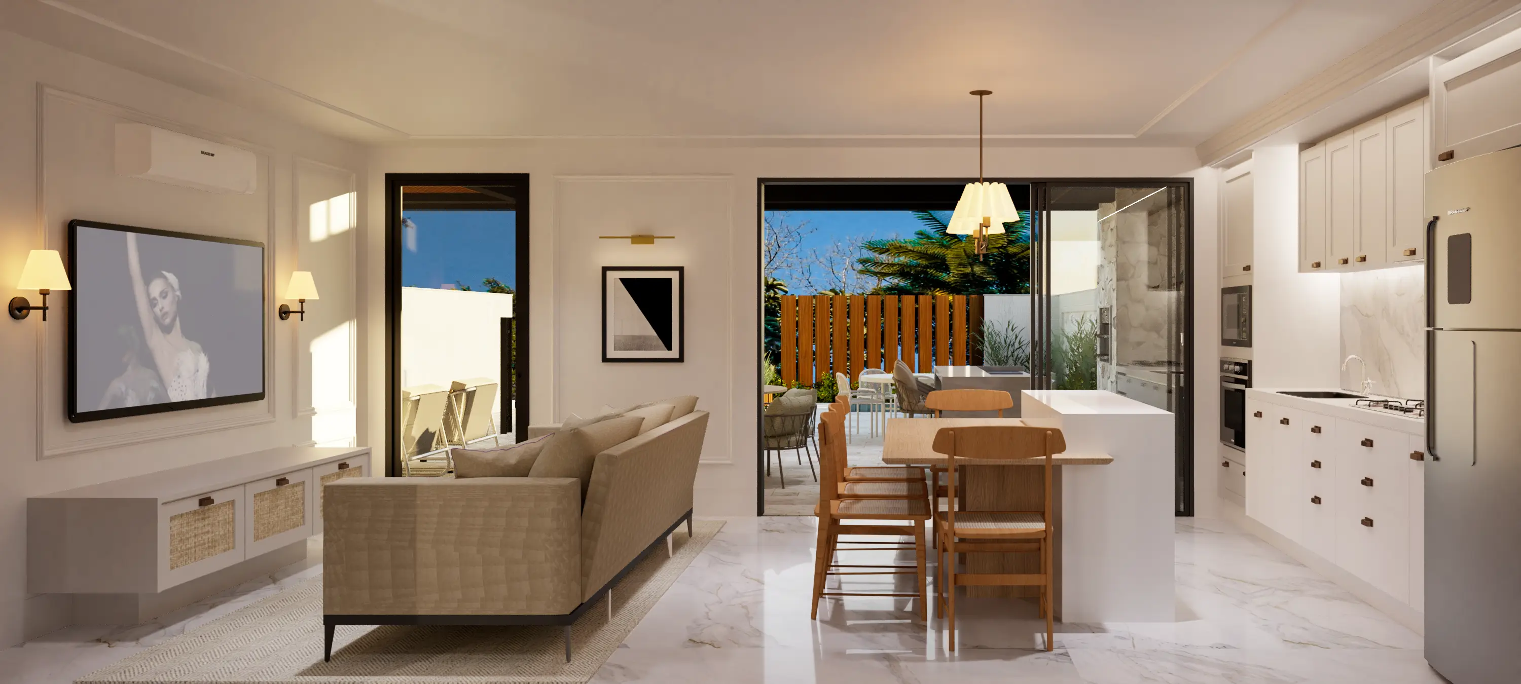 Sala de jantar da casa térrea, aberta para o quintal