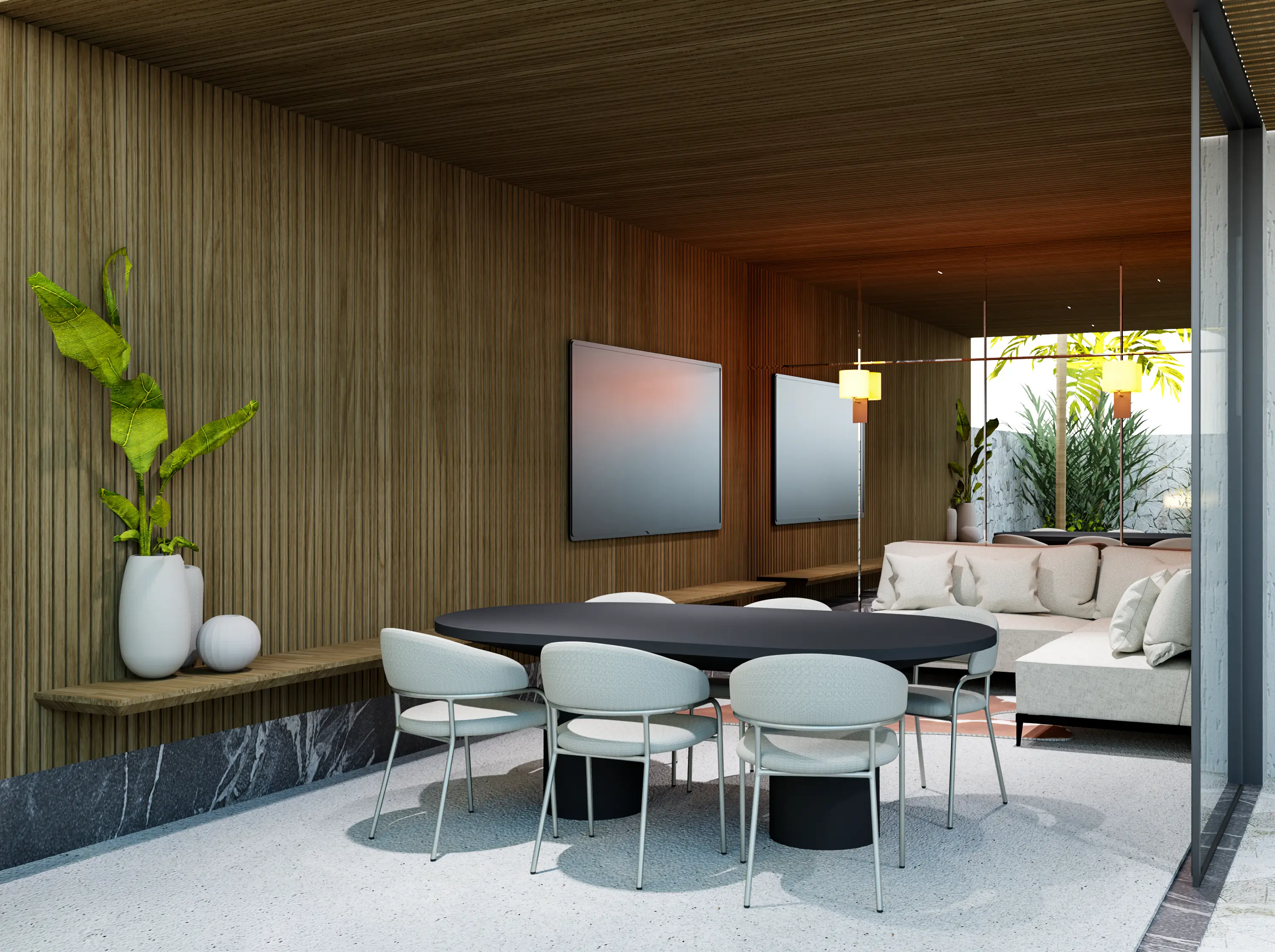 Sala de jantar do sobrado, com parede ripada e abertura para o quintal