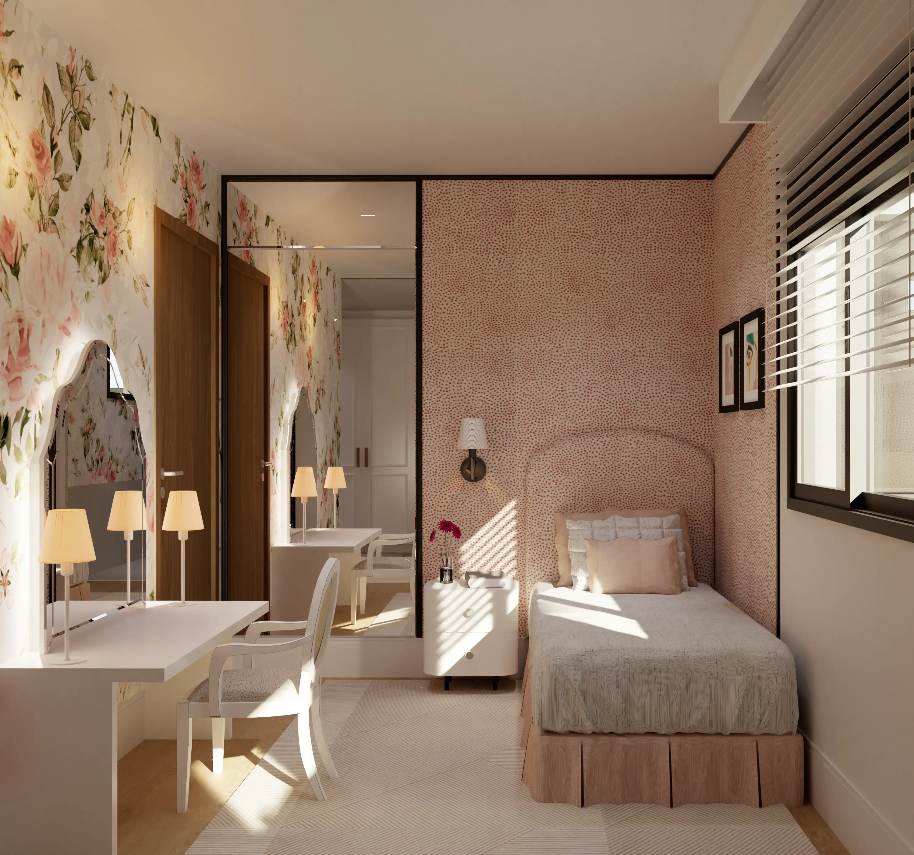 Quarto infantil da casa térrea, com papel de parede floral e penteadeira
