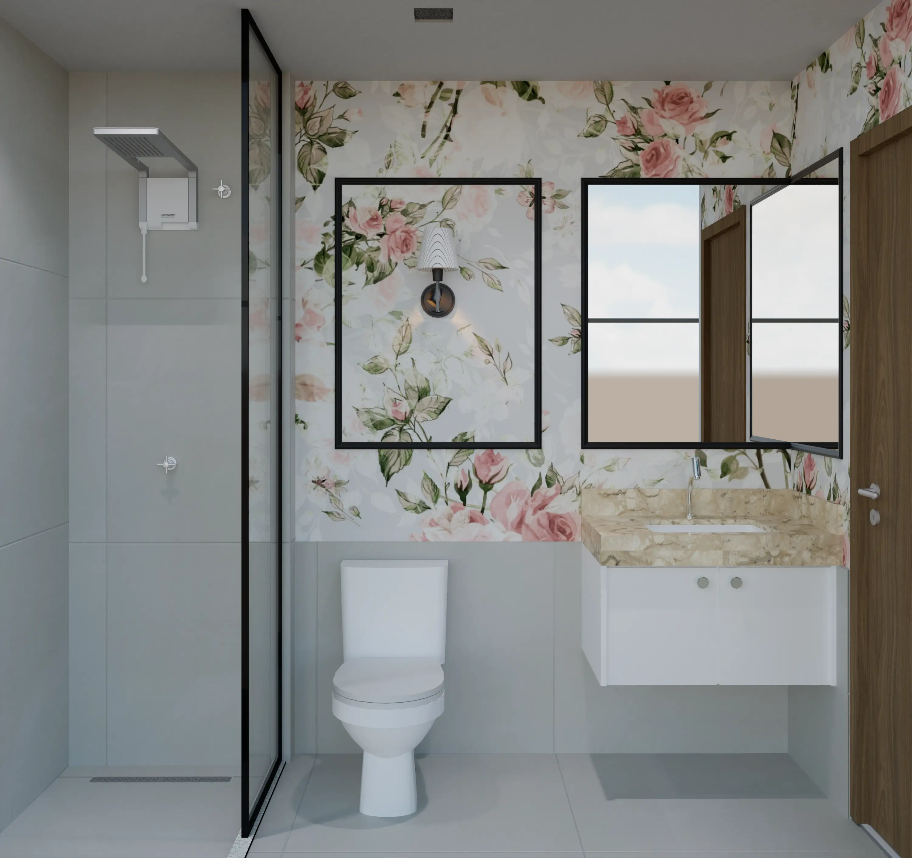 Banheiro da casa térrea, com box de vidro e papel de parede floral