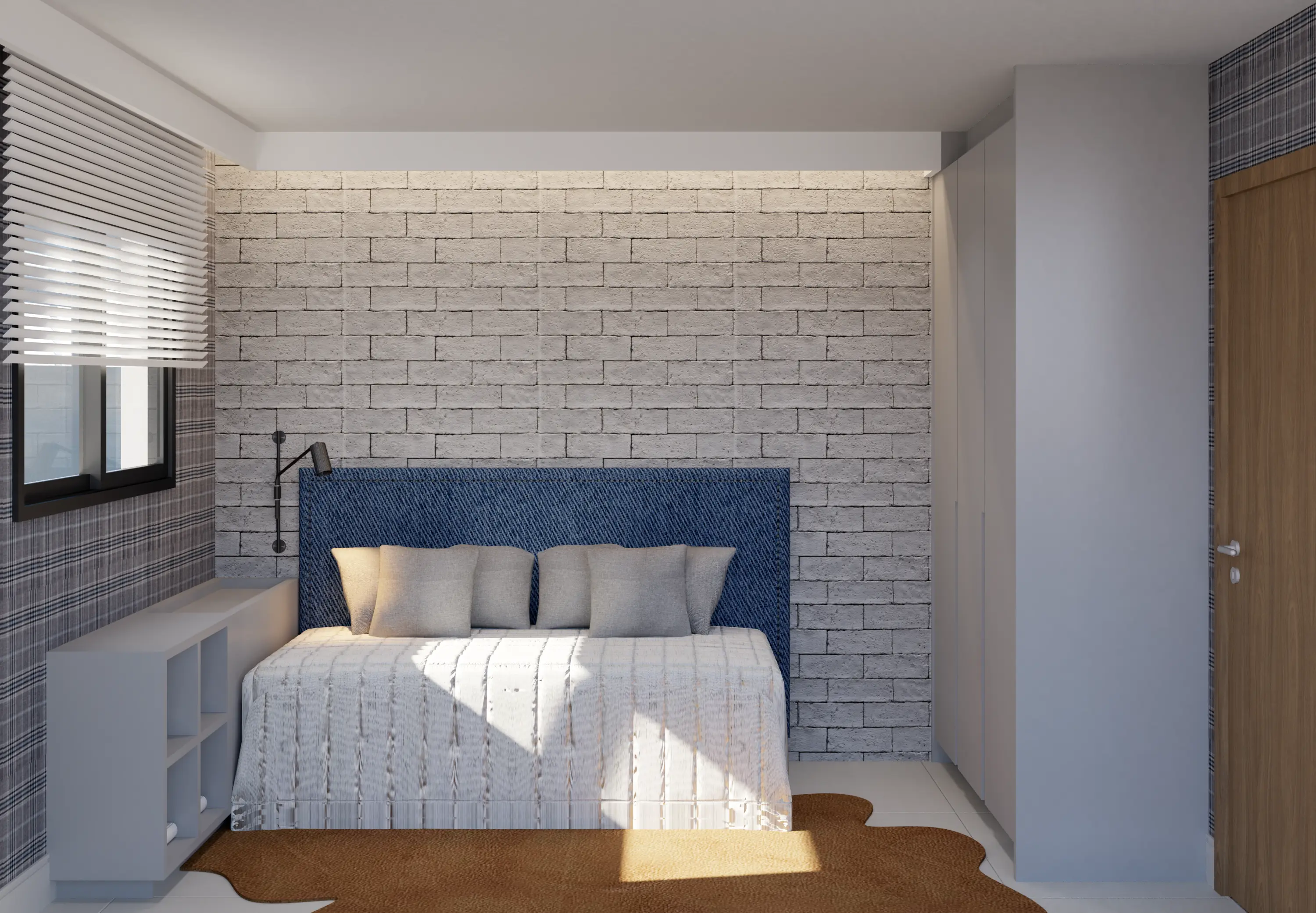 Quarto do sobrado, com parede de tijolo branco